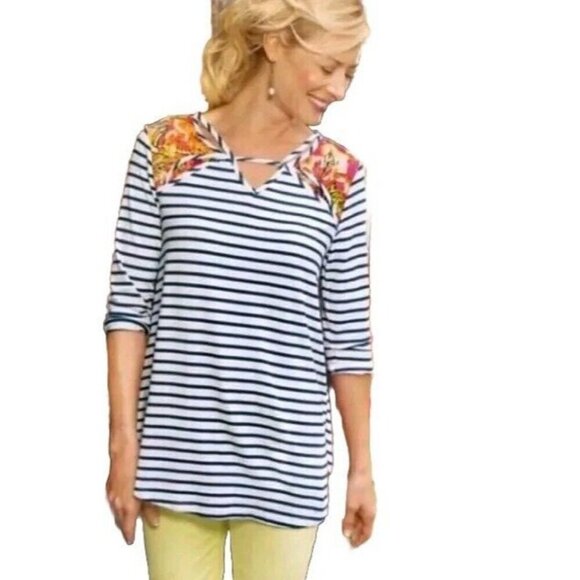 Soft Surroundings Women Striped Front Floral linen blend beachy Back Top Size XL - Picture 2 of 9